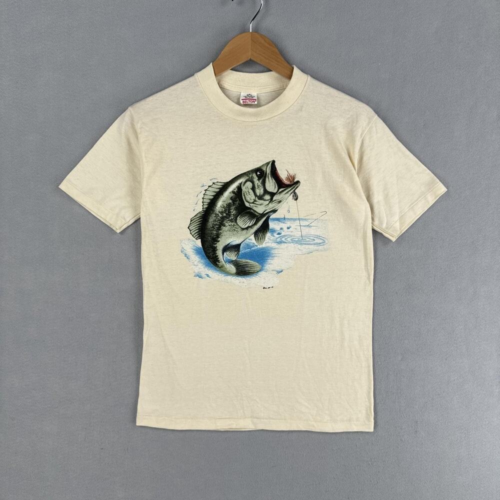 Vintage Bass Shirt Mens Medium White Fishing Graphic Tee Belton Made USA